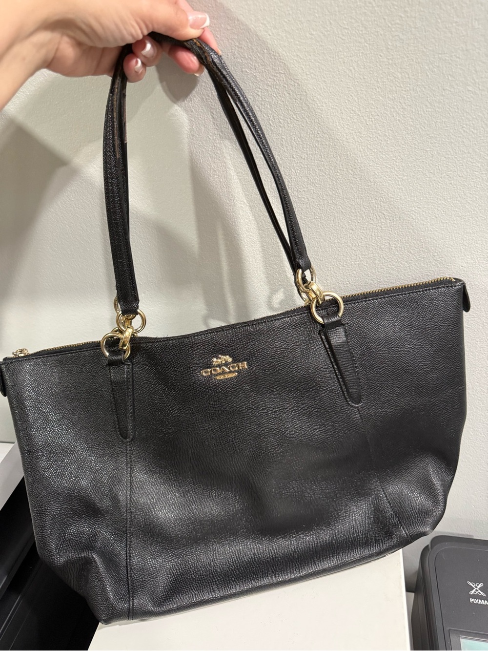 Coach Black Leather Tote with Gold Accents